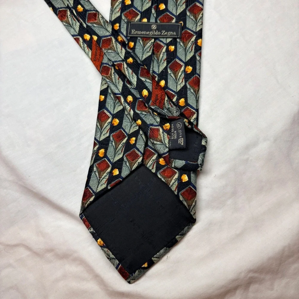 Ermenegildo Zegna Silk Tie Navy‎ Burgundy Gold Geometric Diamond Made in Italy